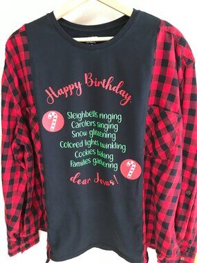 Upcycled Holiday Flannel Shirt, Oversized Plaid Christmas Graphics, Sz L XL 2XL